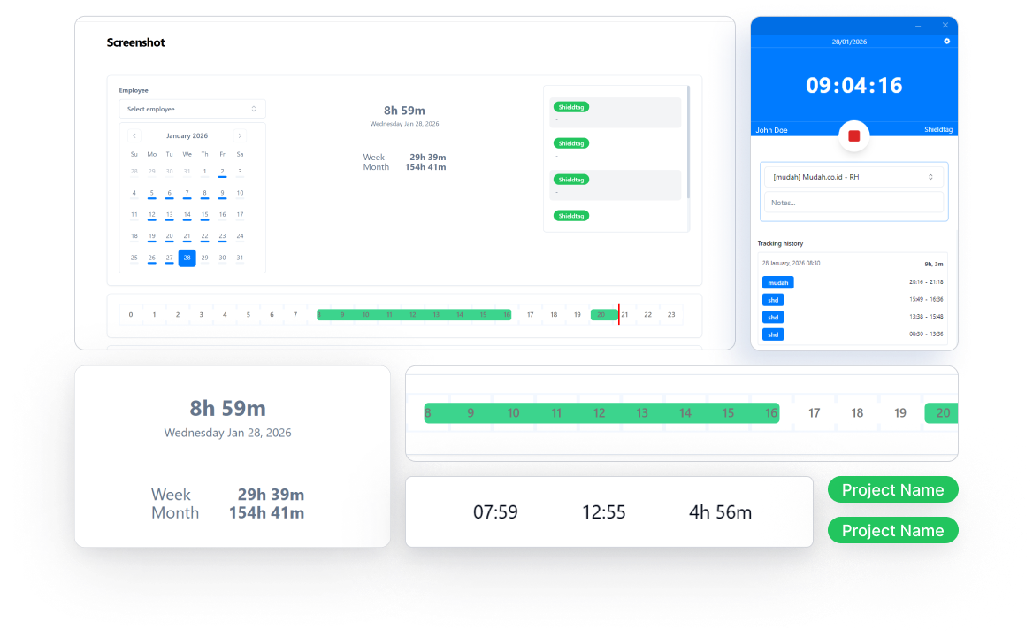 Timemoz timesheet, daily hours, and project tracking screens