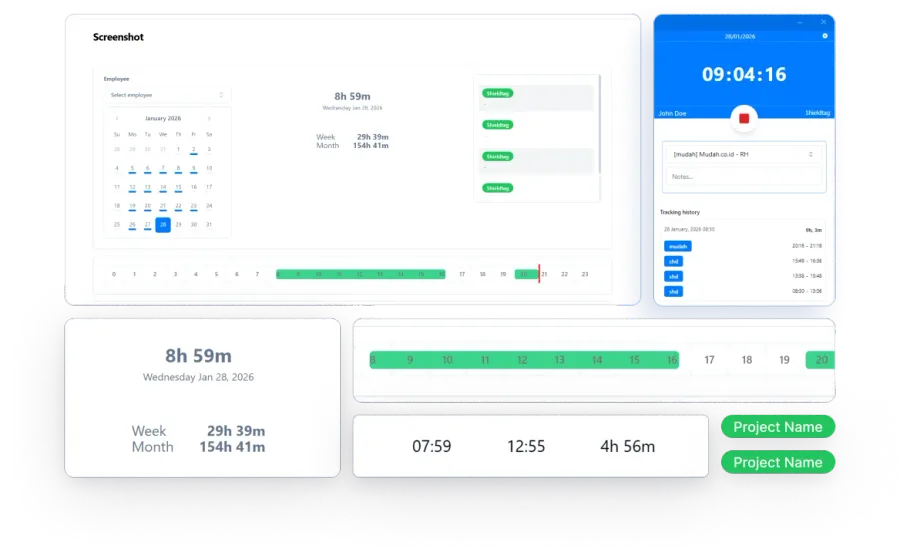 Timemoz timesheet, daily hours, and project tracking screens