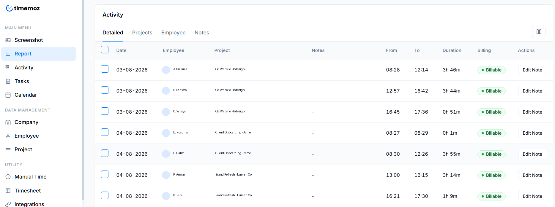 Timemoz detailed activity report listing each tracked entry by employee, project, duration, and billable status