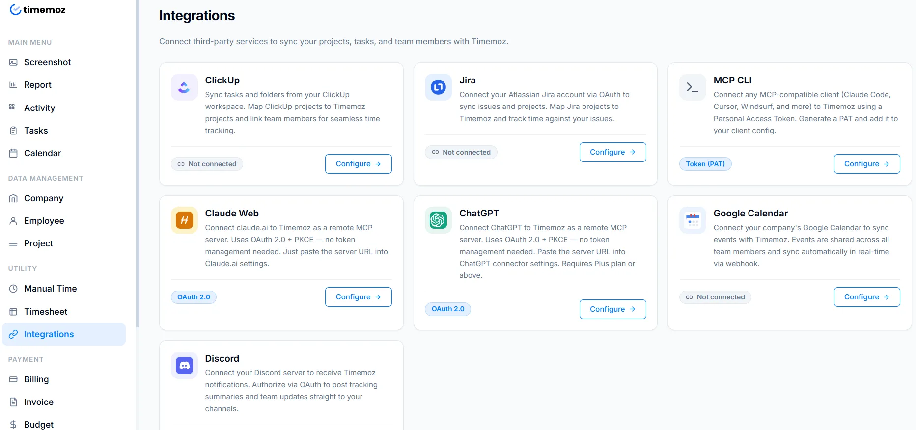 Timemoz integrations page showing available connections including ClickUp, Jira, Discord, Google Calendar, and MCP clients