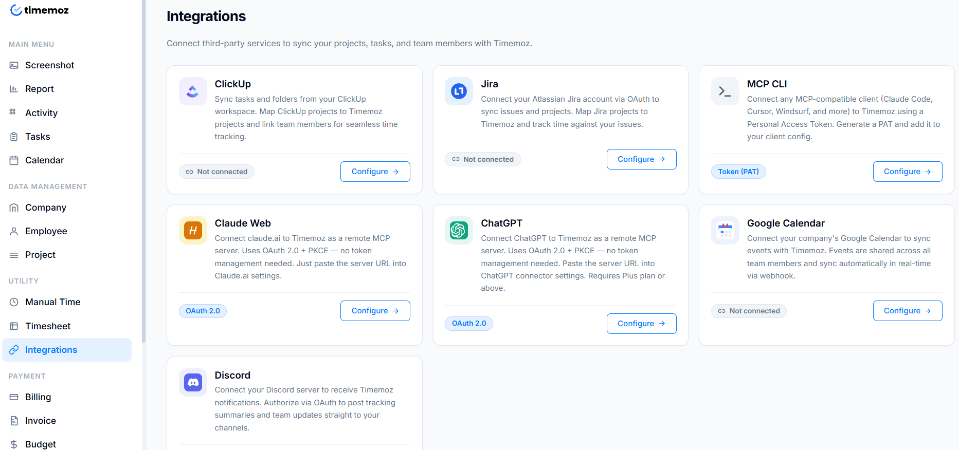 Timemoz integrations page showing available connections including ClickUp, Jira, Discord, Google Calendar, and MCP clients