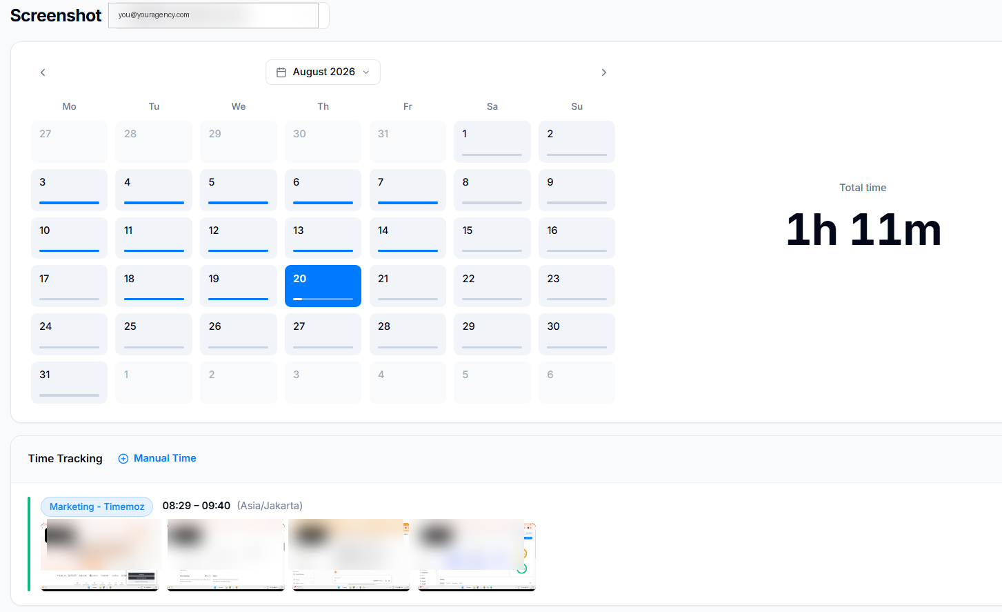 Timemoz screenshot view with a monthly time calendar and a tracked session showing four automatically captured, blurred screenshots