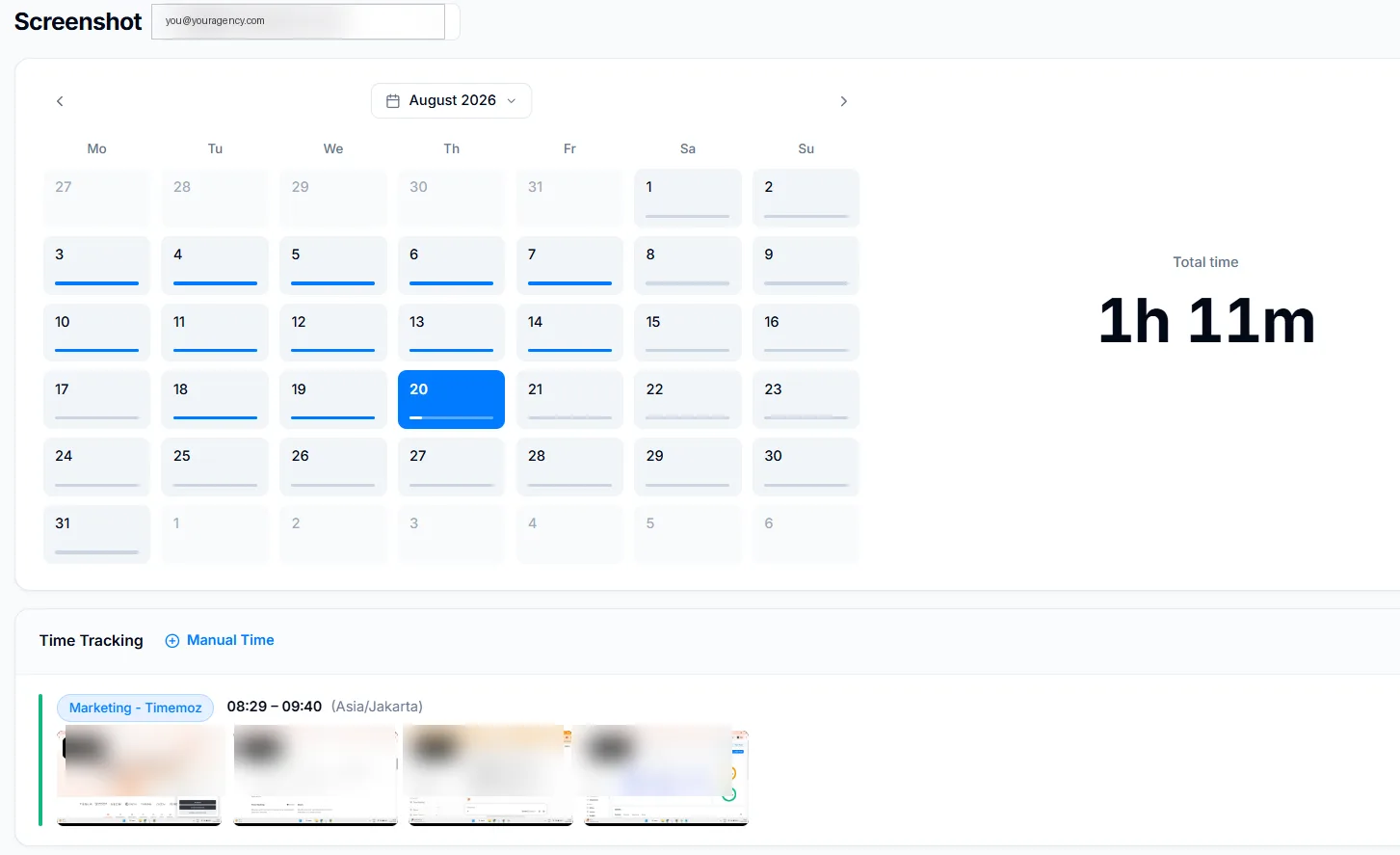 Timemoz screenshot view with a monthly time calendar and a tracked session showing four automatically captured, blurred screenshots