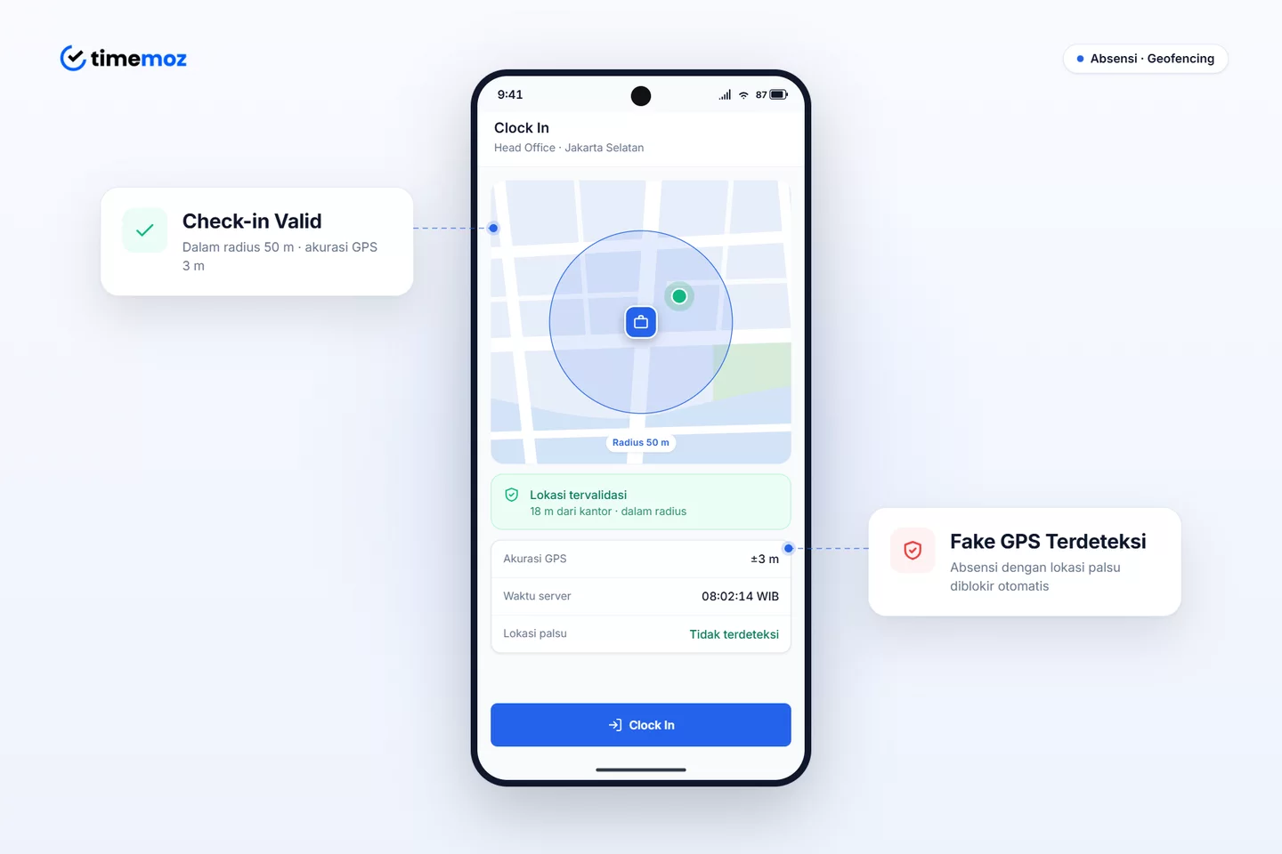 Timemoz app validating a check-in inside the geofence radius and detecting Fake GPS