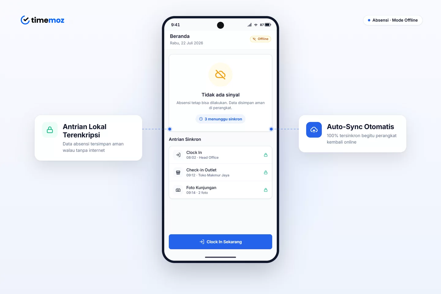 Timemoz offline mode keeping an encrypted local queue and auto-syncing once back online