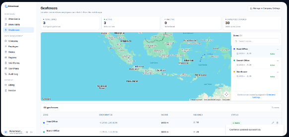 Geofence zones map and coverage list in Timemoz Sales Tracker