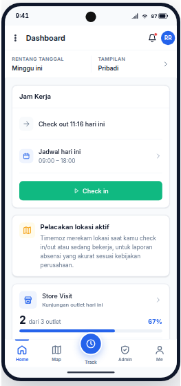 Sales Tracker mobile dashboard with check-in and daily visit target