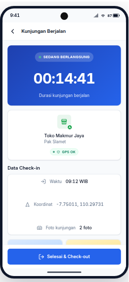 Sales Tracker mobile app active visit timer and GPS check-in