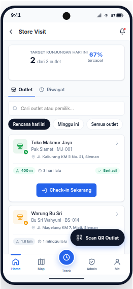 Sales Tracker mobile app store visit list with check-in